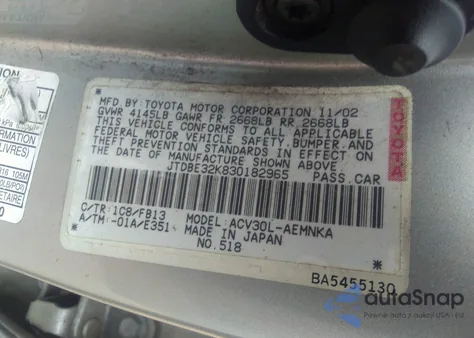 2003 Toyota Camry Le/Se/Xle z USA, uszkodzony, nr VIN JTDBE32K830182965